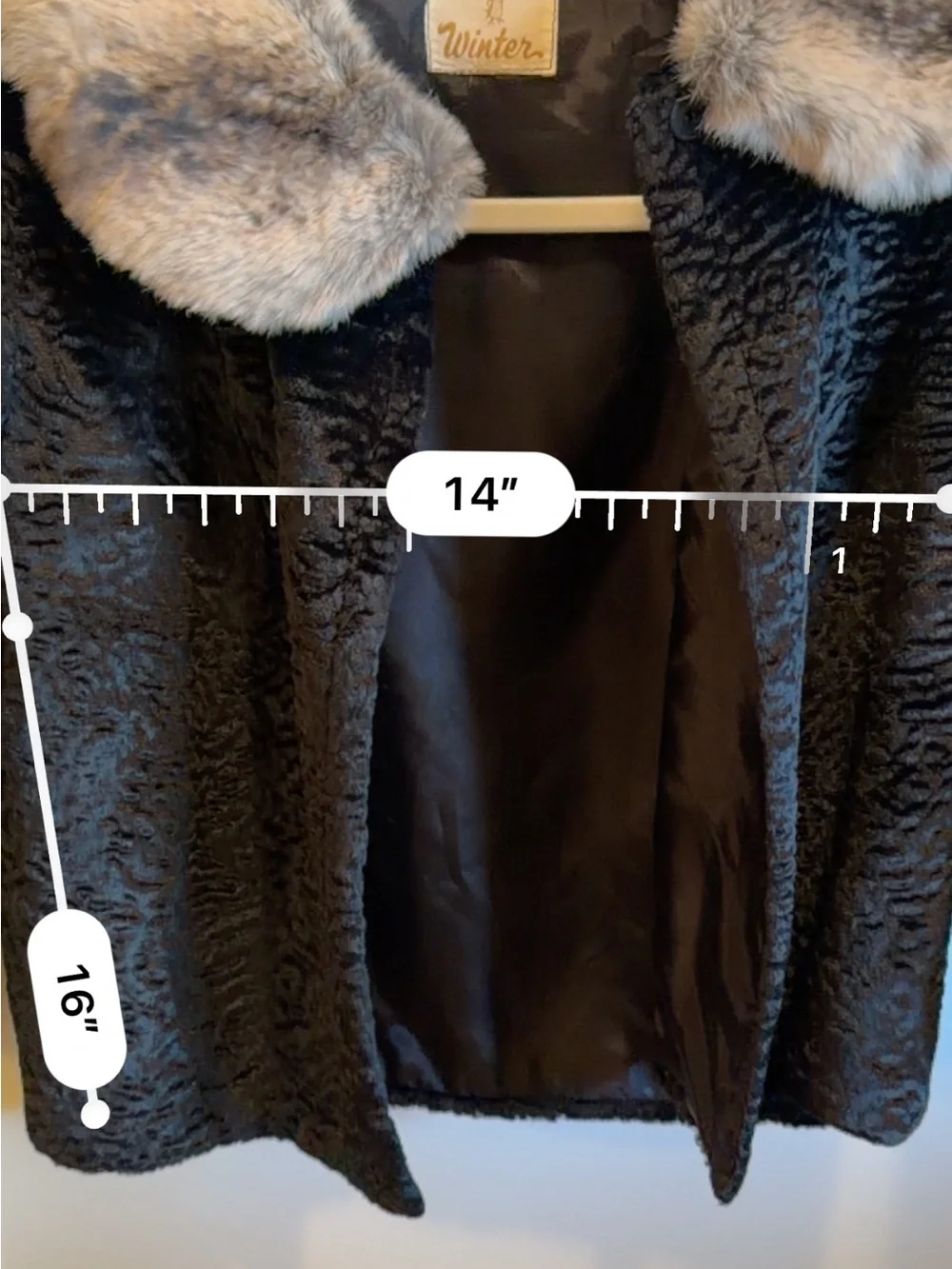 Vintage Black Faux Fur Coat Cropped Plush Grey Collar Sz S/M